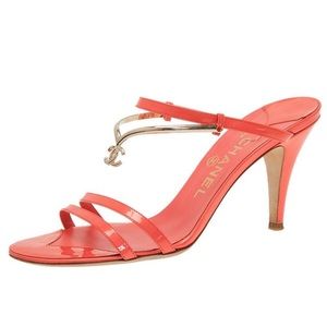 Chanel Coral Leather & Gold Strappy Sandals 38